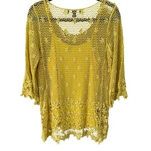 Midnight Velvet Yellow Cottagecore Floral Crochet Knit Top Cami Bell Sleeve L
